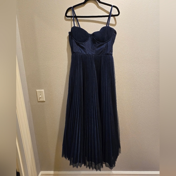 Anthropologie Hutch Amara Bustier Pleated Tulle Fit & Flare Midi Dress Navy 10 - Picture 6 of 8